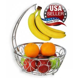 Premium Heavy-Duty Metal Fruit Bowl Basket with Banana Hanger • Chrome Finish